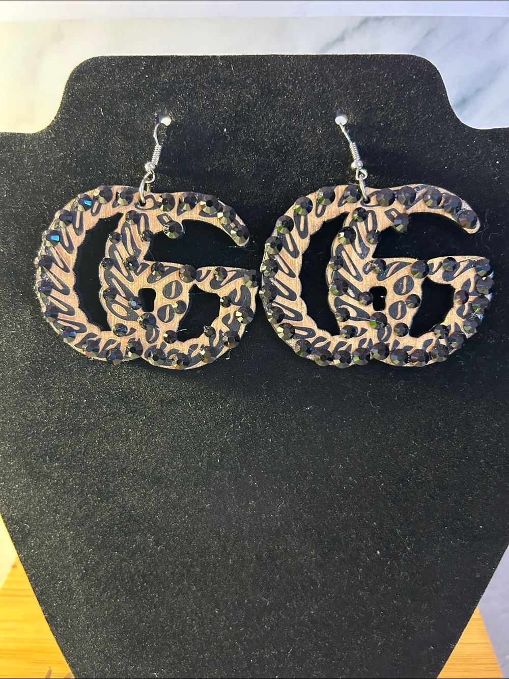 Wood Leopard Print Dangle Earrings in Brown and Black